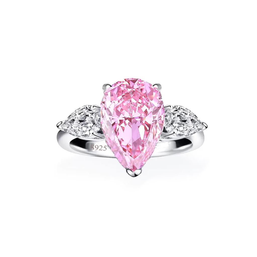 925 Sterling Silver Pear Cut 5A Cubic Zirconia Ring Sparkling Pink Teardrop CZ Engagement Promise Rings for Women Fine Jewelry
