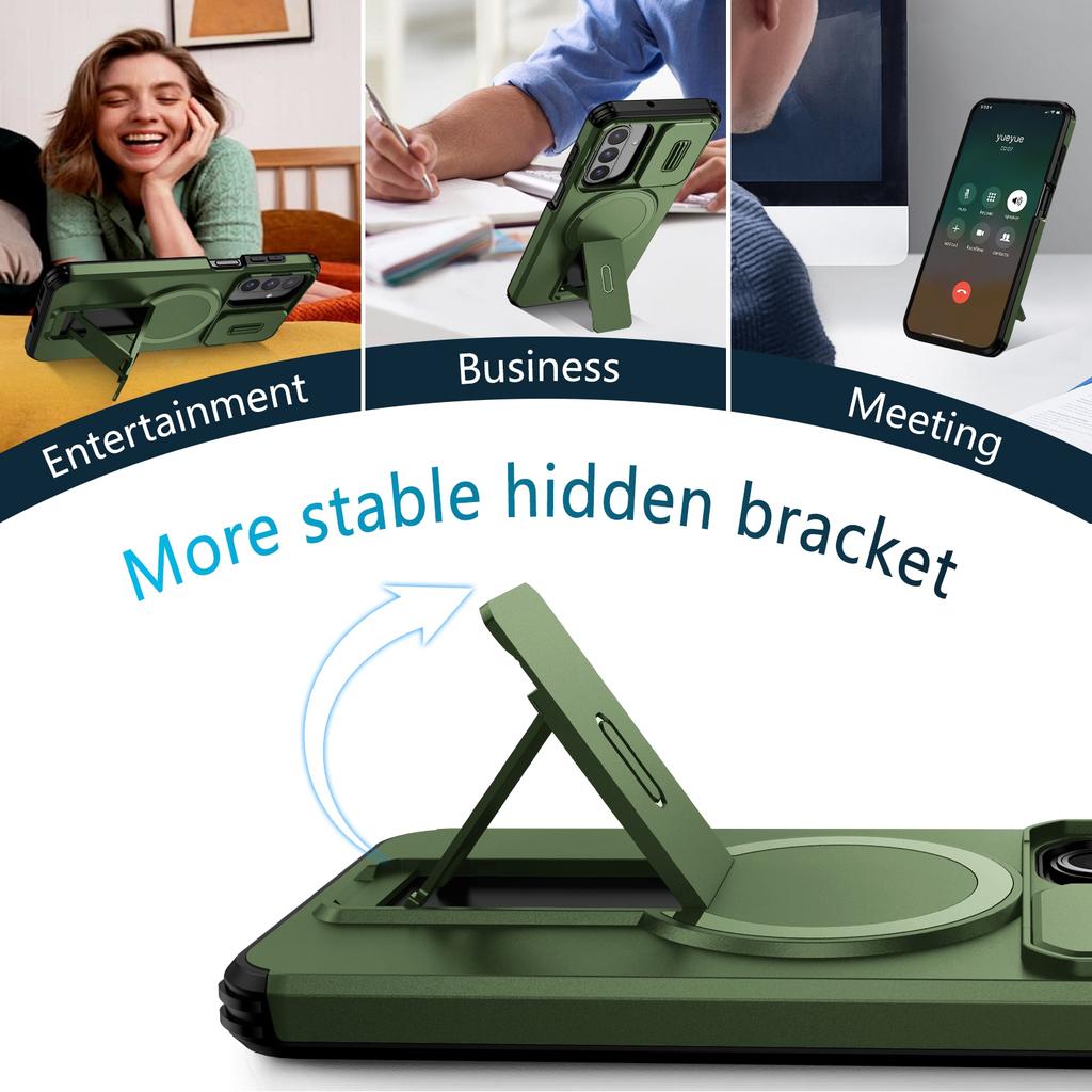 Dla iPhone 14 Magnetyczne Etui Osłona Obiektywu Podpórka Pokrowiec na Telefon Odporny na Wstrząsy PC + TPU
