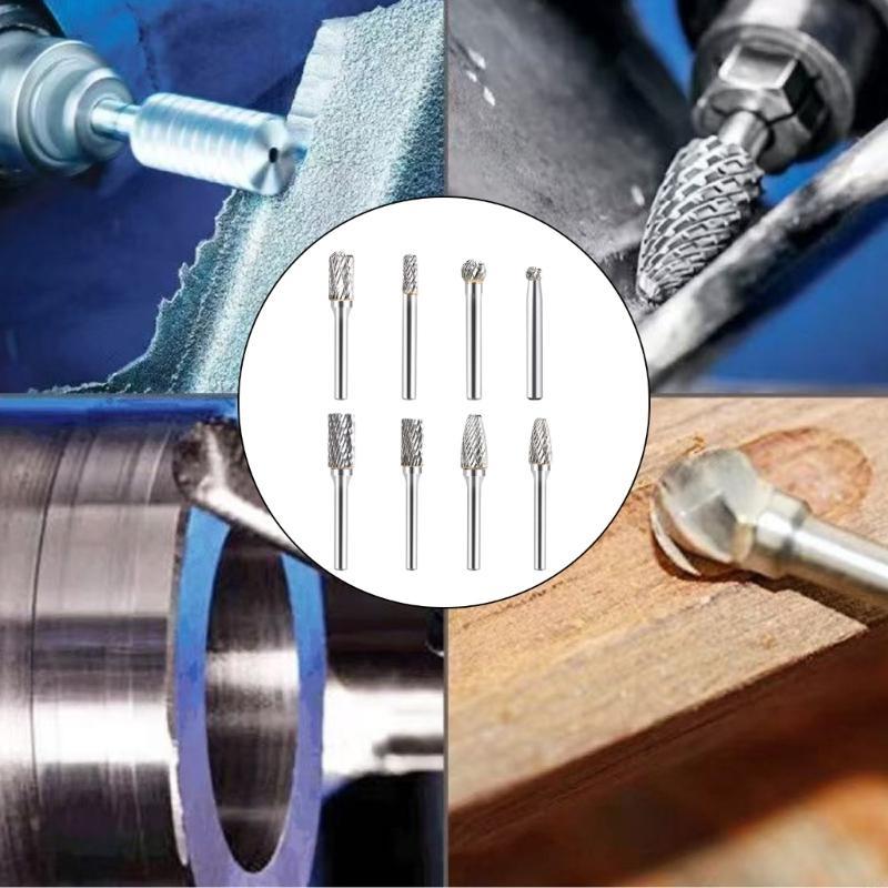 8Pcs High Hardness Carbide Burr Bits Set Rotary File for Metal Wood Plastic Engraving Grinding Deburring and Carving DIY Tools