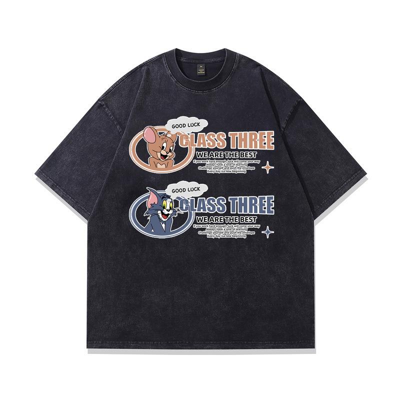 Heavy Cotton Washed Short-Sleeved T-Shirt American Retro Trendy Cartoon Printed Vintage Half-Sleeved Top