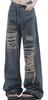 Luo PuLe Damen Distressed Jeanshose, Lockere Passform, Weiter Bein Schnitt, Goose-Stretch Denim, Hohe Taille, Gerade Beine, Dunkelblau, Größe L