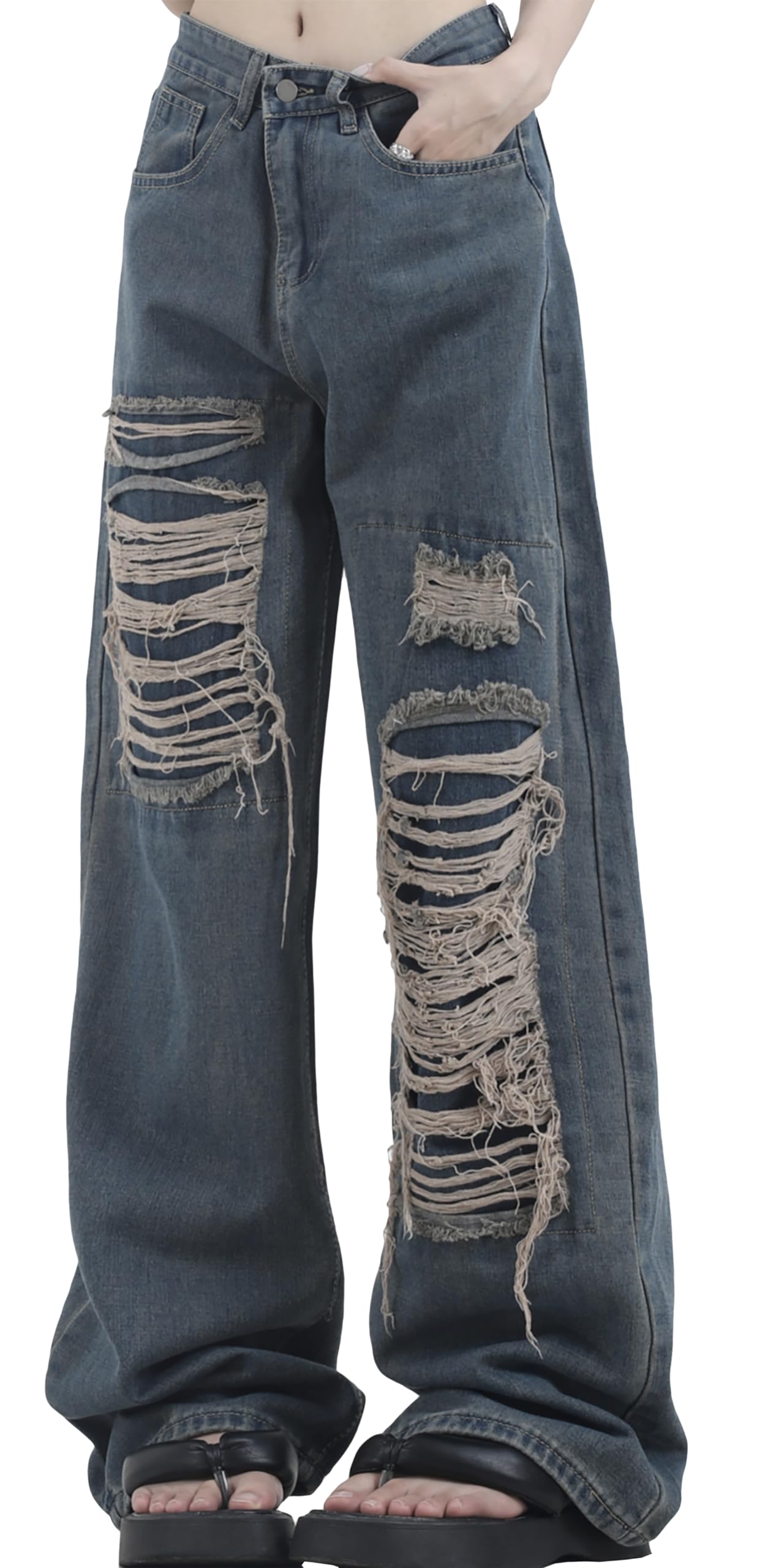 

Luo PuLe Women s Distressed Denim Pants, Loose Fit, Wide Leg Pants, Goose-Stretch Denim, High Waist, Straight Leg Pants, Deep Blue, Size L