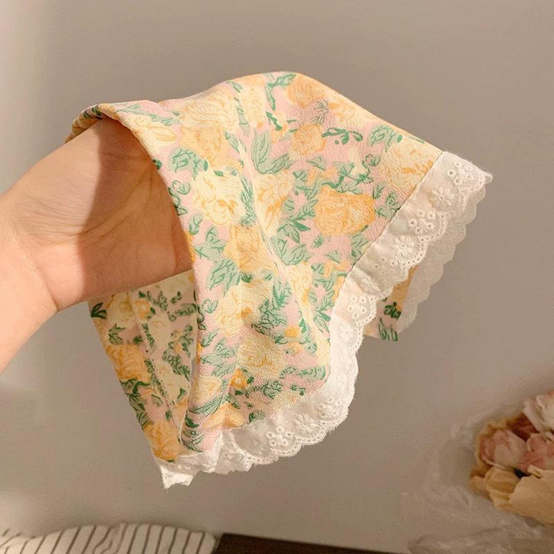 French Blue Plaid Lace Triangle Scarf Headband - Pastoral Style Women's Hair Accessory with Seaside Vibe