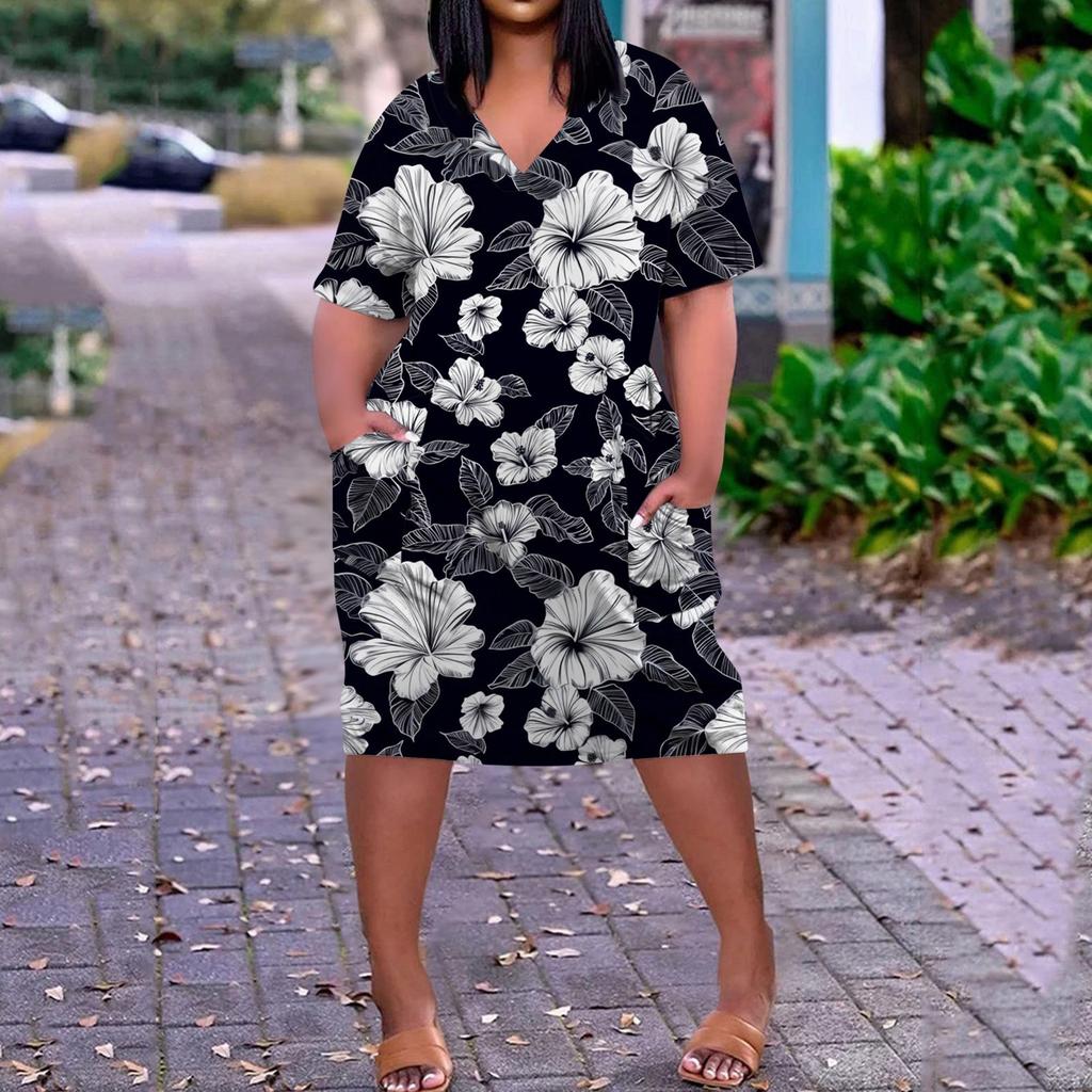 Summer Plus Size V Neck Short Sleeve Knee Pocket  Print Casual Dress For Women