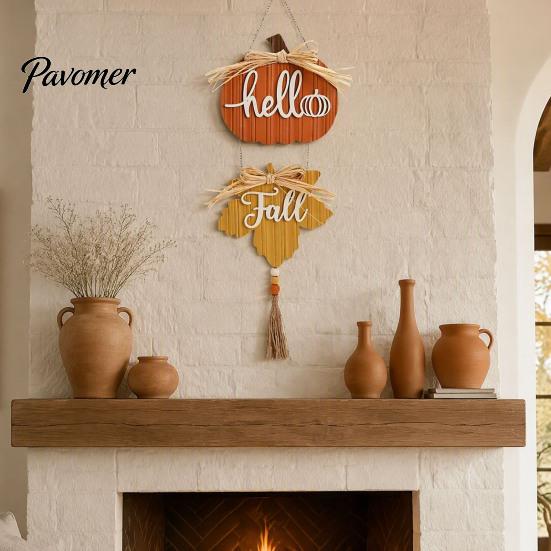 Rustic Farmhouse Fall Decorations Hello Wooden Hanging Sign, Pumpkin Maple Leaf Door Hanger with Thanksgiving Porch Ornaments Tassel, Autumn