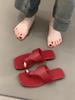 Sheepskin version~ Genuine leather casual sleeve toe flip-flops women's summer wear metal buckle flat bottom pinch slippers beach sandals