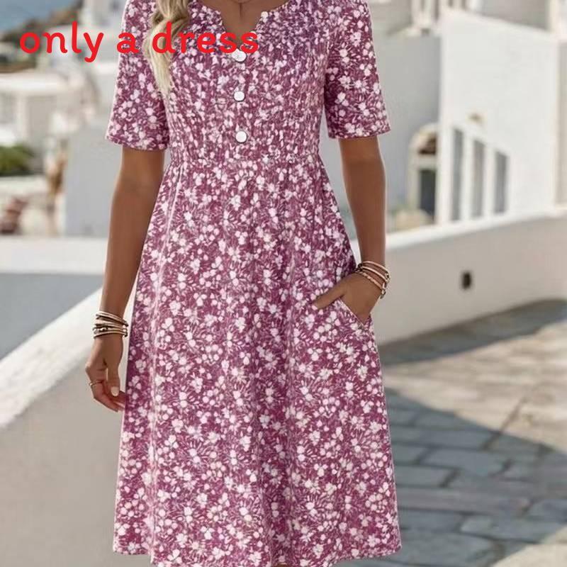 Abito Floreale Estivo con Scollo a V e Tasche per Viaggi Casual e Relax in Spiaggia