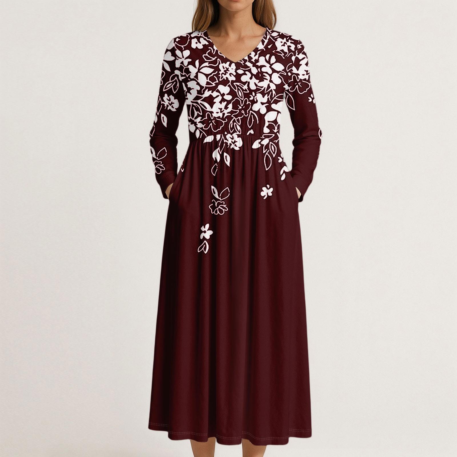 

Платье для женщин длинное бохо пляжное платье элегантное макси-платье V-образный вырез длинный рукав платье с карманами XL винный