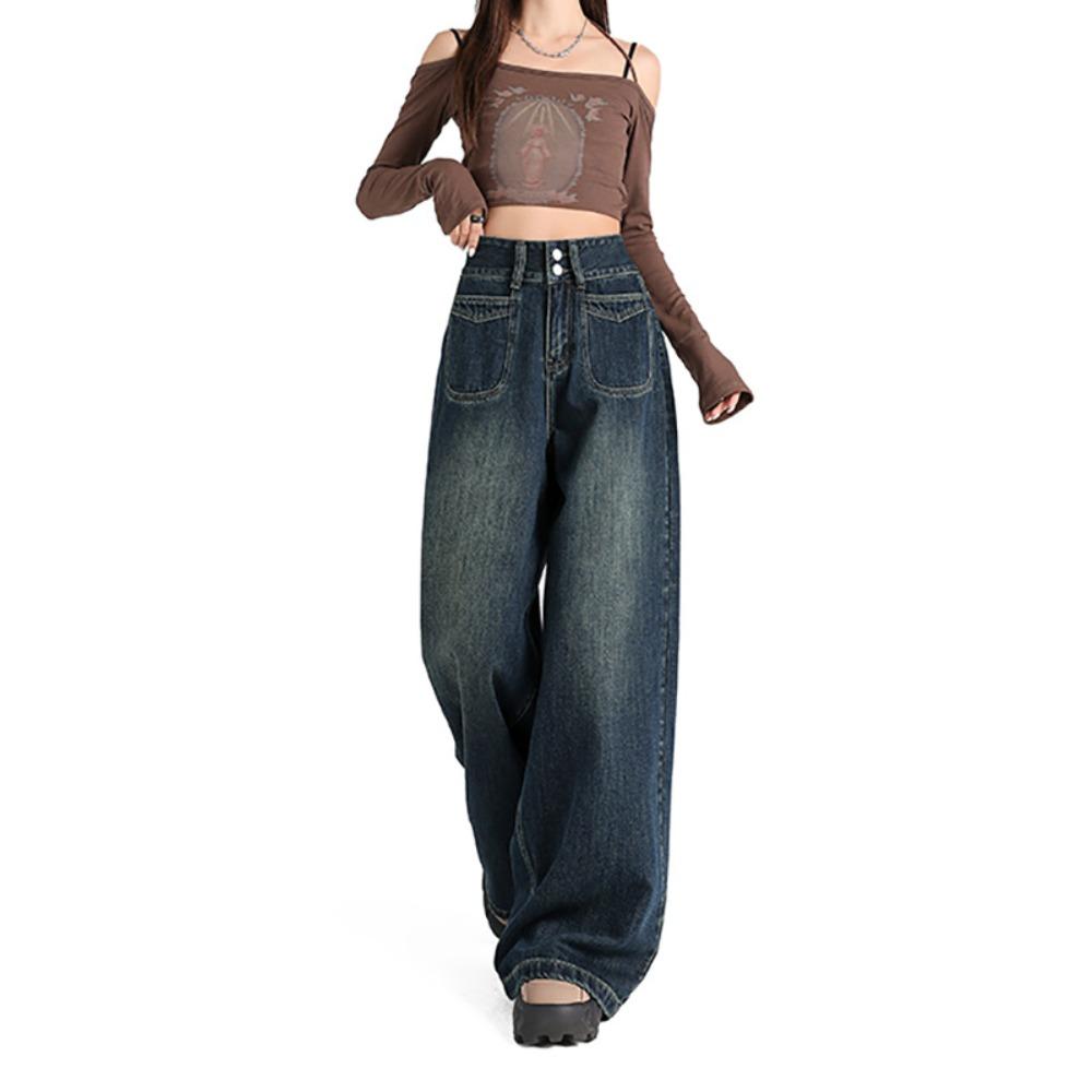 Street personality trend drape high waist double buckle jeans women's simple and versatile wide leg mopping jeans tide