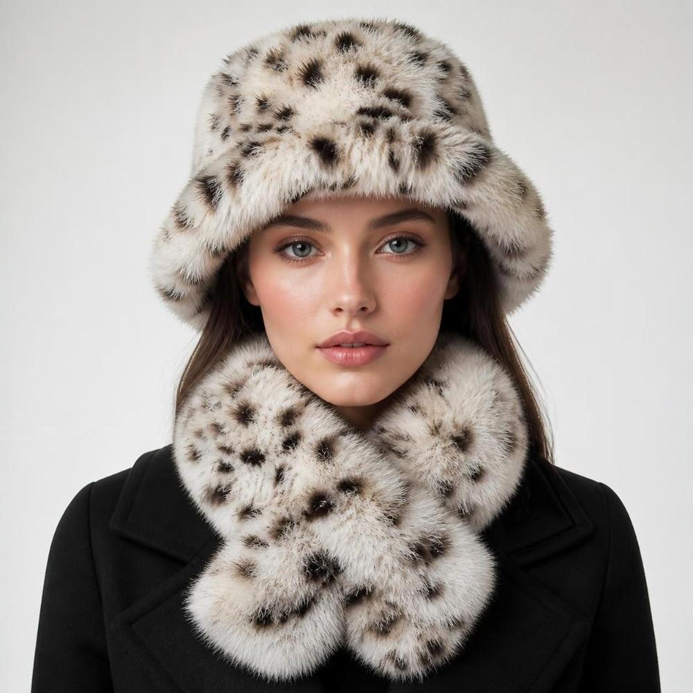 Leopard Print Plush Cap Scarf Set Fluffy Thicken Warm Fisherman Hat Outdoor Wear