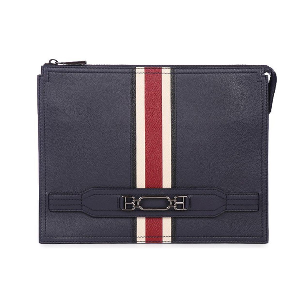 

Bally Classic Leather Red And White Striped Commuter Fashion Large Capacity Leather Clutch Men Clutch Deep-Blue 6236781 Basic Set (Bag+Dust Bag)