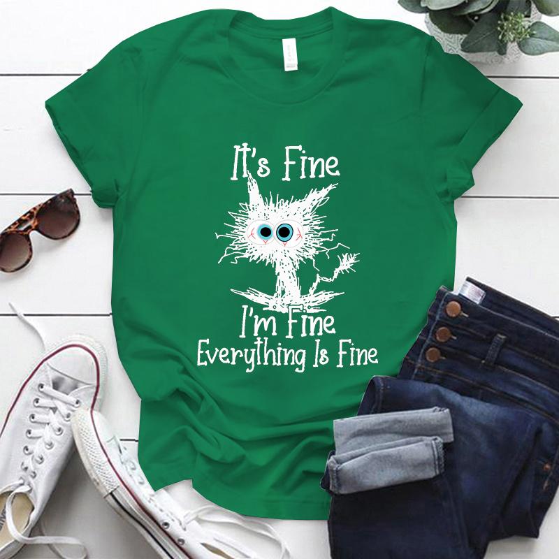 Fine Everything Is Fine Funny Cat Print T-Shirt Men's and Women's Casual Top Funny Cat Summer Loose Short Sleeve Shirt