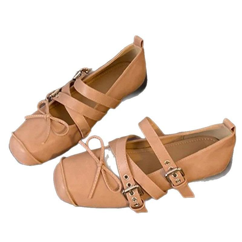 Fashion retro ballet shoes women's summer cross-buckle shallow mouth square head single shoes versatile flat Mary Jane shoes