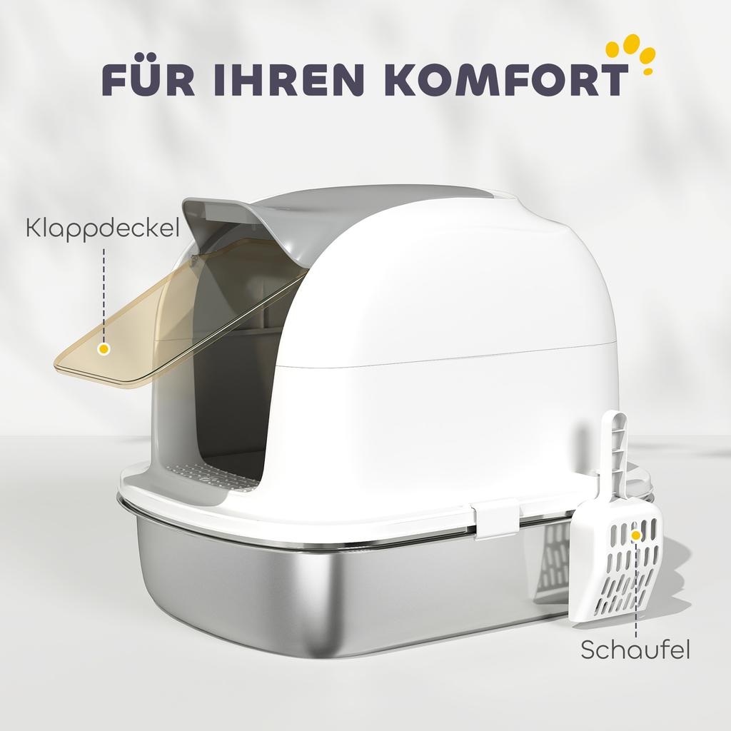 Litière pour Chat en Acier Inoxydable avec Couvercle, pour Chats, Litière Fermée pour Chat avec Couvercle à Rabat, Pelle