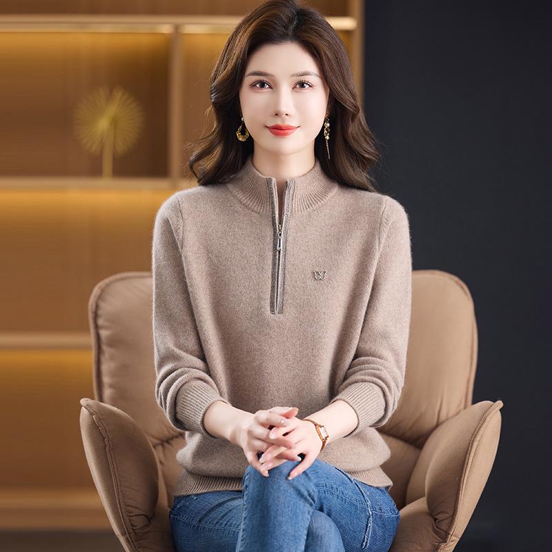 Women's Pure Wool Half-Zip Sweater - Stylish Winter Base Layer for Middle-Aged and Elderly