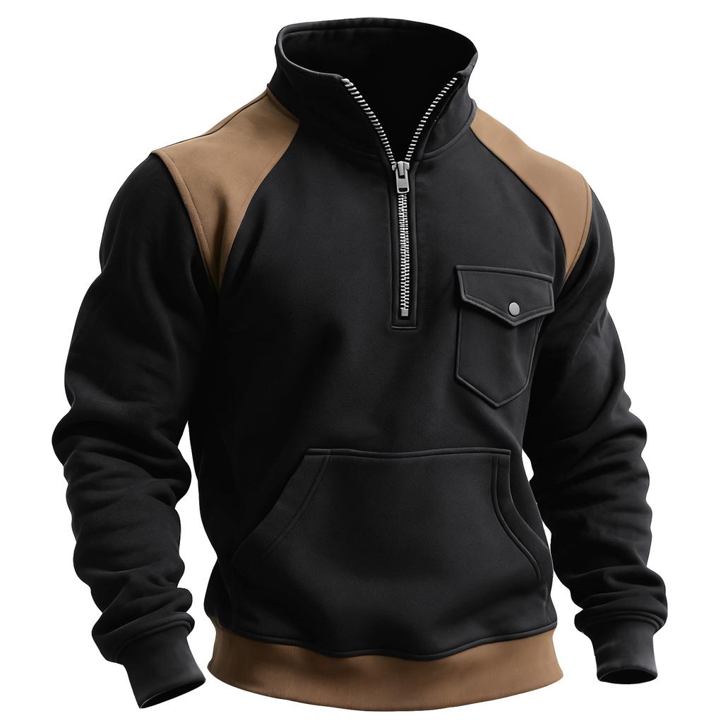 Pánská barevně blokovaná mikina s polovičním zipem, kapsou a stojáčkem Pánská sportovní mikina ve velké velikosti, ležérní mikina se stojáčkem