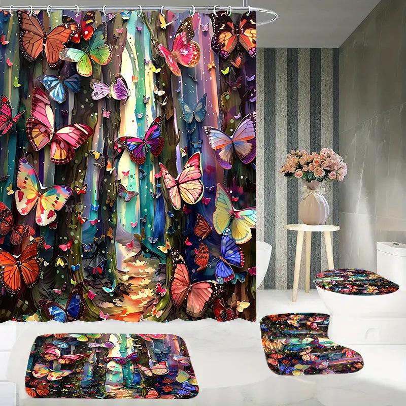 Butterfly Trees, Flowers And Plants, Digital Printing, Shower Curtain, Bathroom Four-Piece Set With Hooks