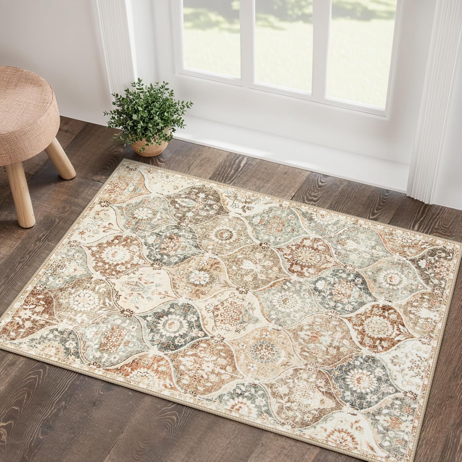 Marokkaans Ruitwerk Crème Meerkleurig Tapijt Mat Kleed Wasbaar Antislip Woondecoratie voor Keuken Entree Badkamer Slaapkamer Binnen 40x60cm16x24in