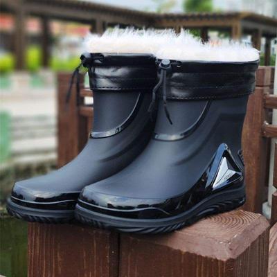 Winter Warm Velvet Rain Shoes Medium Tube Non-slip Dual-purpose Water Shoes Waterproof Bundle Soft Sole Flat Bottom Men's Large Size Rain Boots