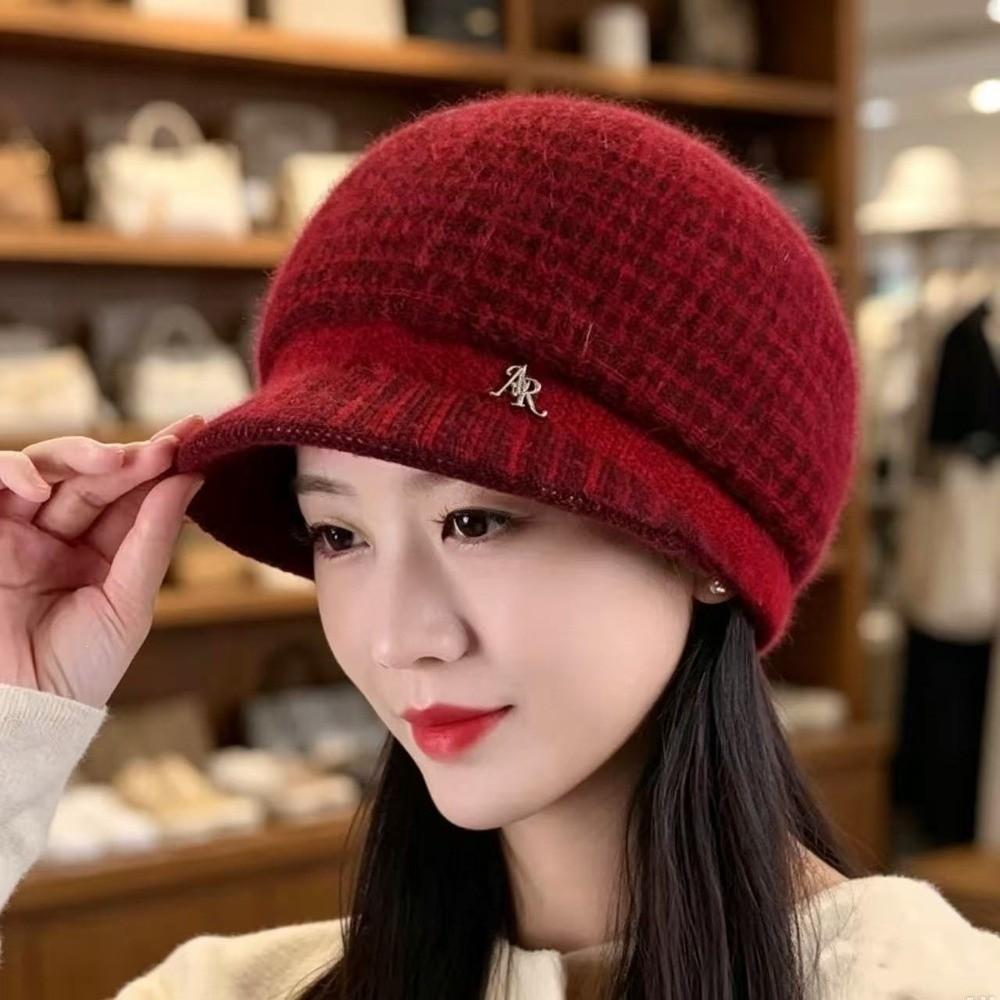 Short Brim Design Knitted Cap Rabbit Fuzz Fabric Fleece Lined Beanie  Mom Daily Accessory