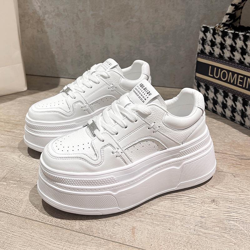 Women's White Spring/Summer 2025 Platform Sneakers - Thick-Soled, Height-Increasing, Petite-Friendly Casual Shoes