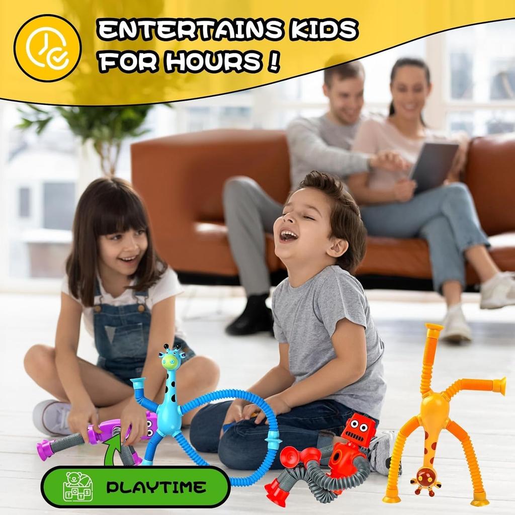 Easter Basket Stuffer Gift Robot Sensory Travel Toys 4Pcs for Toddlers Kid Boy, Airplane Activities Suction Autism Pop Tube Fidget Toys for Kids