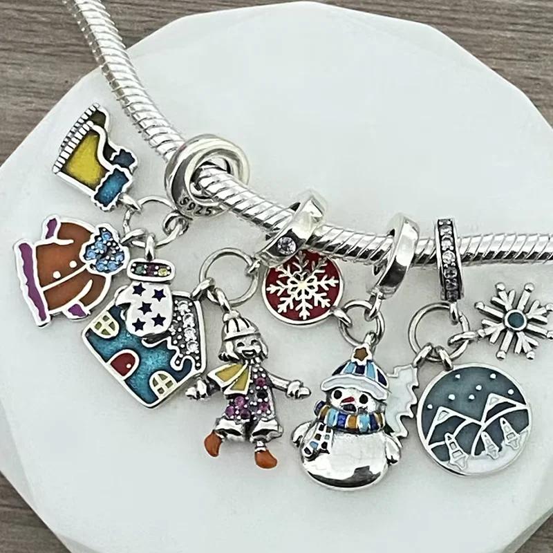 New Christmas Charmscopper Snowman Snowflake Charm Beads Fit Original Bracelets Diy Fine Jewelry Giftfor Women
