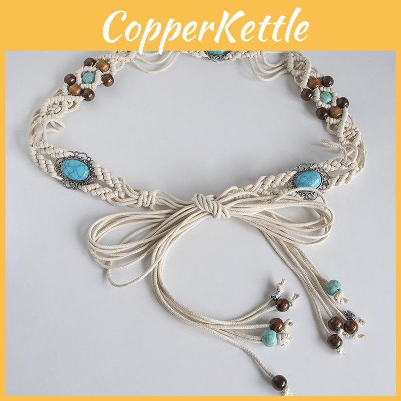 Boho Chic Cotton Waist Rope With Geometric Pattern And Resin Beads For Summer Fashion