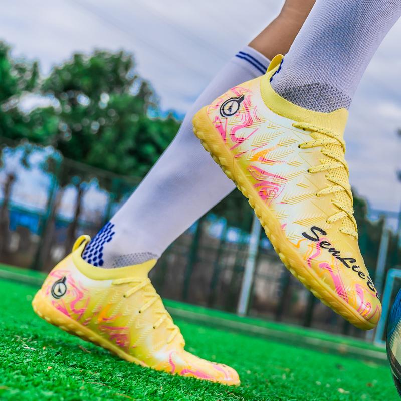 Men's High Top Football Boots Rubber Soft Sole Short Spikes Artificial Turf Leather Youth Children's Football Boots