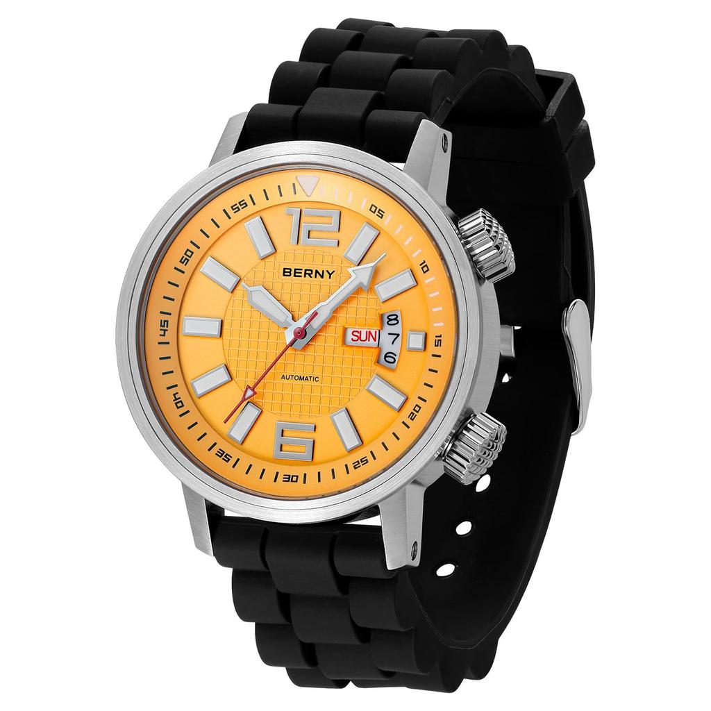 BERNY Men's Automatic Mechanical Dive Watch, Self-Winding, Sport Silicone Strap, 20ATM Waterproof, Sapphire Glass, Super Luminous