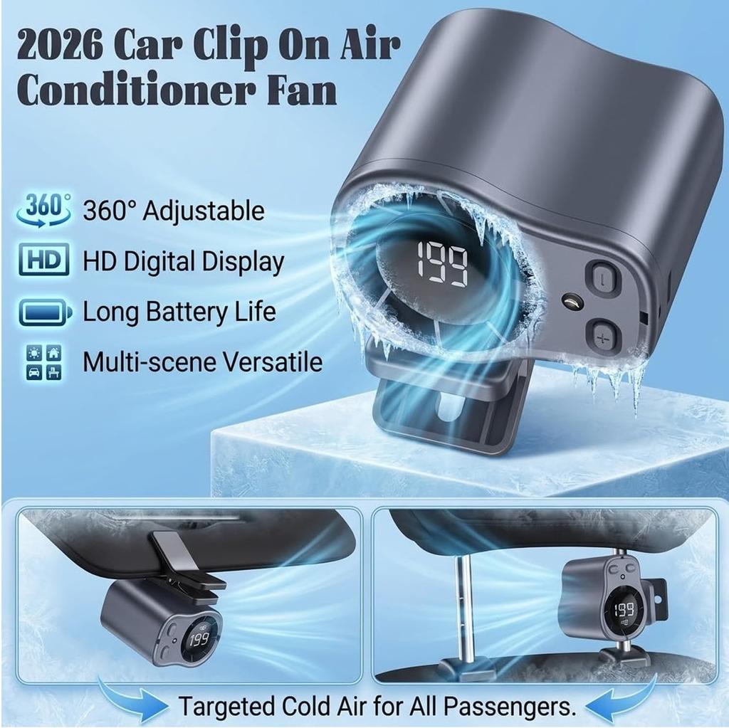 360° Rotating Clip Fan: 2.3 x 2 x 6.9 inches Semi-Cooling 199 Speeds LED Display - USB Rechargeable Hands-Free Design for Car Vent Office Camping