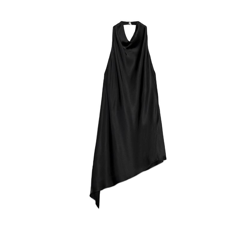 Summer New Product Women's Clothes Fashion Style Asymmetric Hem Silk Satin Texture Hanging Collar Short Top 2754100