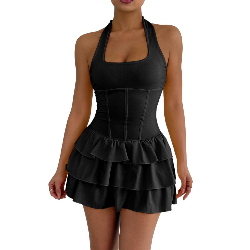 Moda Donna Colore Sexy Attillato Vestito Ruffle Corto Vestito da Festa Vestito a Spallina