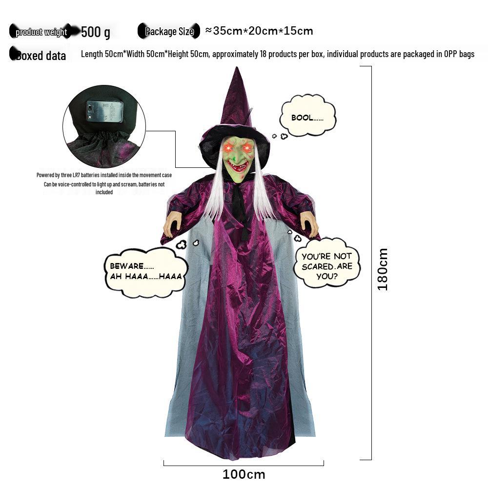 Purple Sound-Activated Light-Up Screaming Witch Pendant for Halloween Haunted House Decor