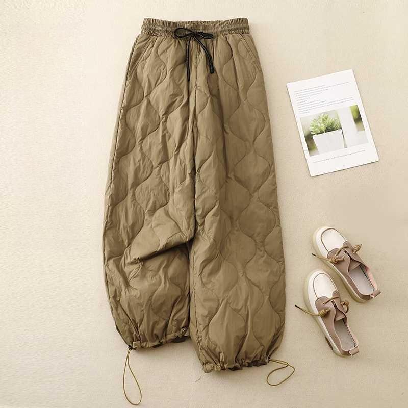 Winter New Literary Tie Elastic Waist Diamond Lattice Embossed Line Cotton Pants Female Windproof Warm Long Cotton Pants