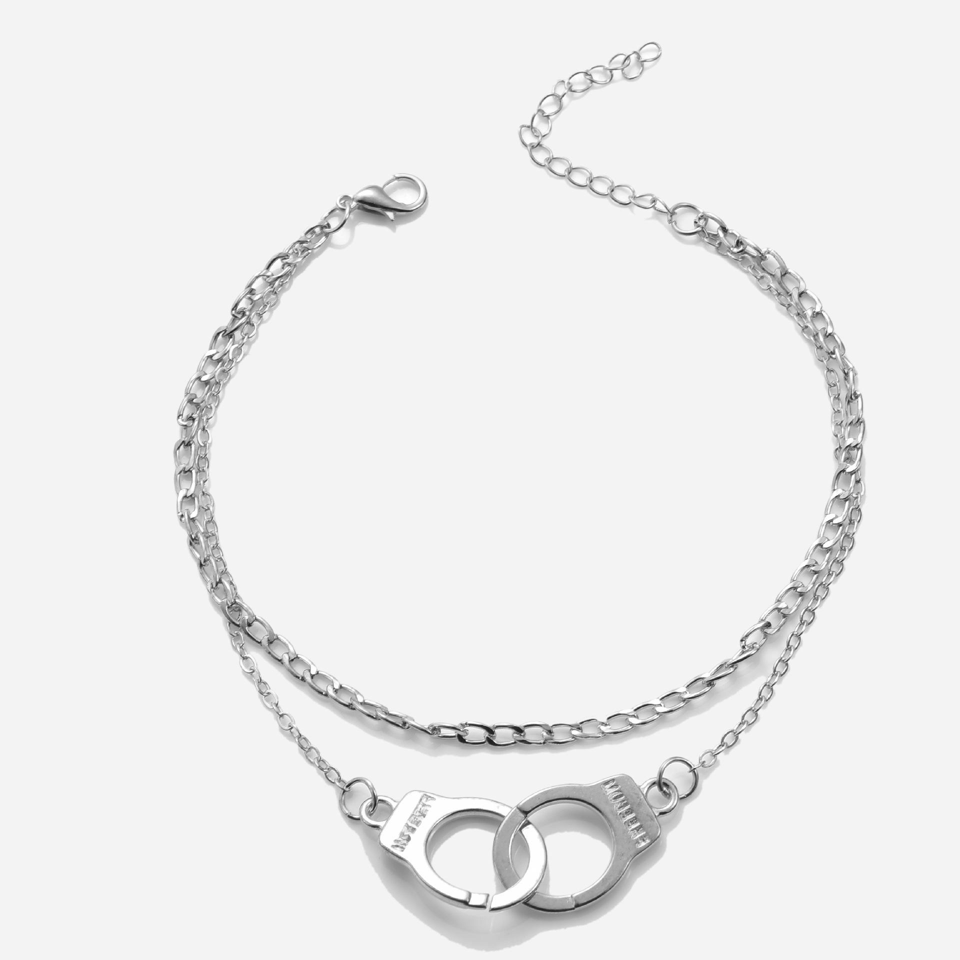

Fashion Punk Style Lover Anklet Multilayer Foot Chain Handcuffs Stainless Steel Ankle Bracelet for Women Summer Beach Accessorie