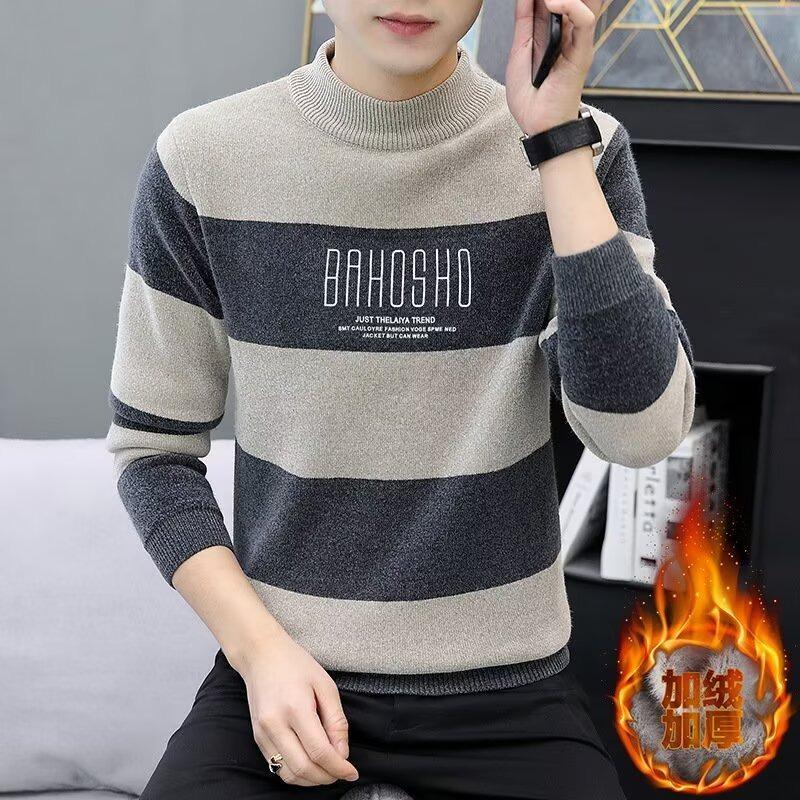 Men's Velvet Half-High Collar Sweater - Thickened, Warm, Autumn/Winter Base Layer Top