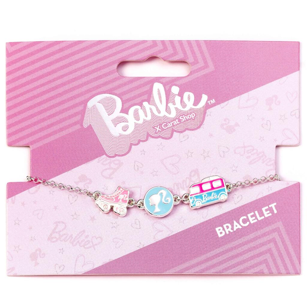 Barbie Charm Bracelet with Three Enamelled Fun Charms - Silhouette, Skate, & Camper Van
