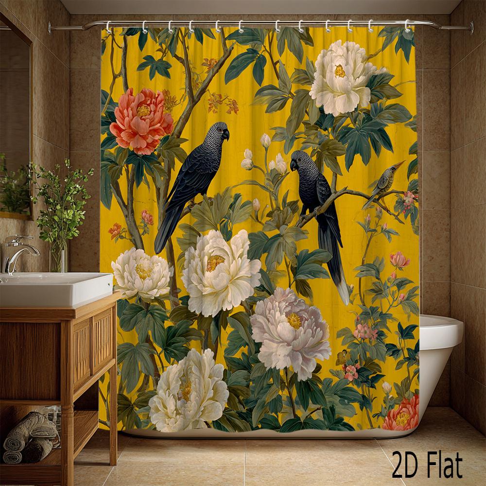 Vibrant Botanical Peony Floral Shower Curtain Yellow Background Luxury Garden Birds Waterproof Bathroom Decor Home Accent Curtai
