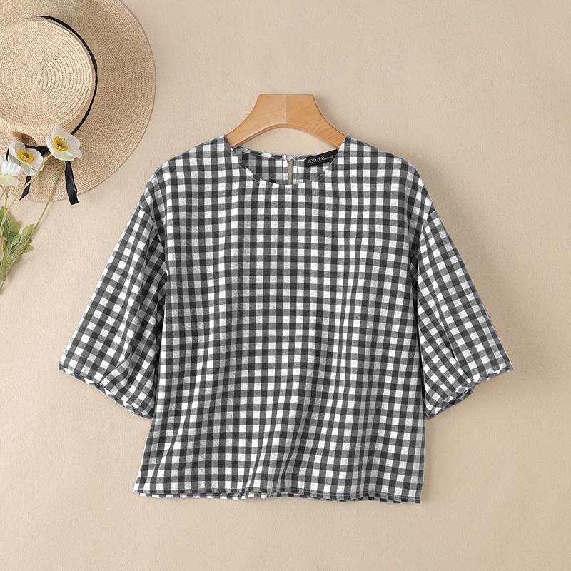 

ZANZEA Женская летняя повседневная блузка с круглым вырезом и рукавом до локтя в клетку S чёрный