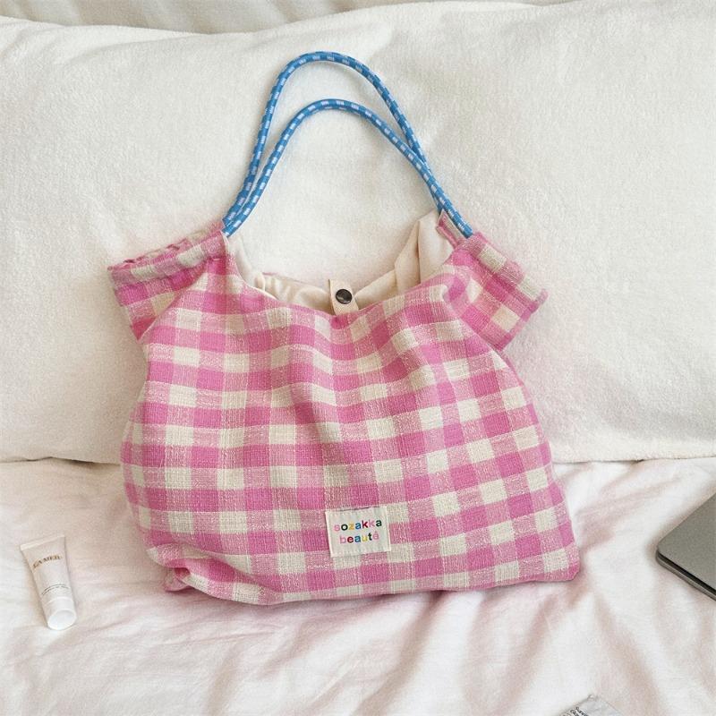 Casual Versatile Plaid Drawstring Shoulder Bag Large Capacity Tote Bag Cream Plaid Commuter Bag