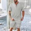 Men's Waffle Collar Solid Color Short Sleeved Shorts Casual Set