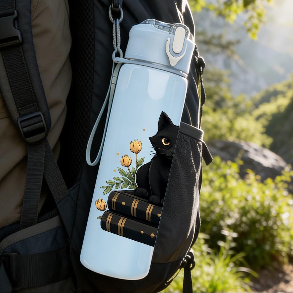 1PC Black Cat Stacked Books Art 750ml Color Plastic Sports Water Bottle Leakproof Flip Straw Lid Suitable for Sports Office Home Use