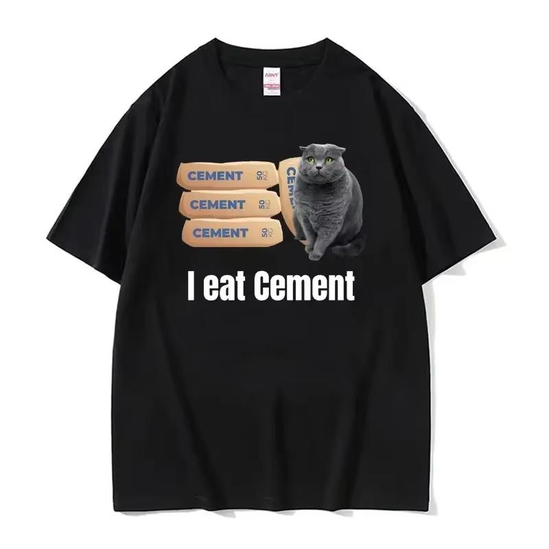 I Eat Cement Funny Meme Cat Print T-Shirt Unisex Y2K Gothic Round T-shirt Print Crew Neck Lightweight Casual T Shirt