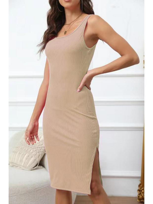 2025 Spring/Summer Elegant Sleeveless Ribbed Slim Fit Slit Dress with Square Neck