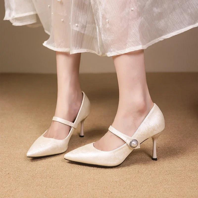 2024 Women's Heeled Single Shoes Stiletto Heel Pointed Toe Versatile Buckle Decoration Spring and Autumn Women's Shoes