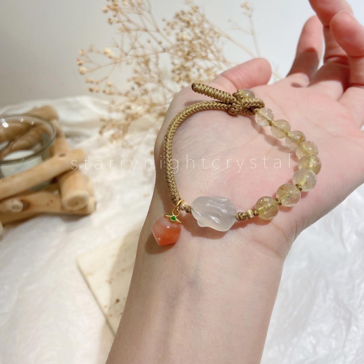 

Best-selling cute lychee jelly bunny bracelet Pink Quartz, Agate, Peach, Yellow Rutilated Quartz Cute Bracelet Lychee jelly bunny golden