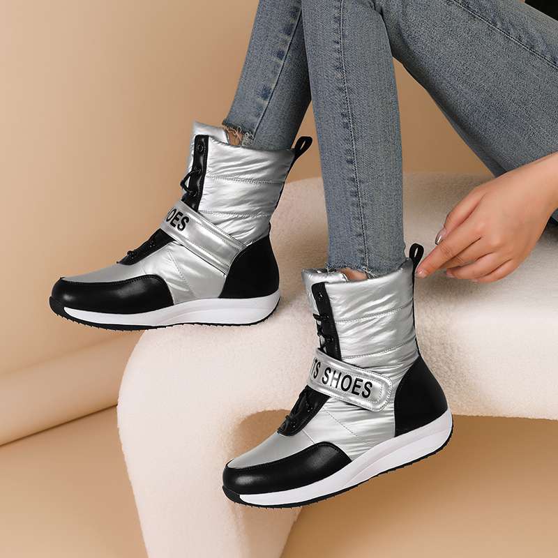 Krazing Pot Microfiber Down Boots Winter Shoes Med Heels Size 44 Wedges Super Size Snow Boots Hook Loop Mixed Color Keep Warm Mid-calf Boots