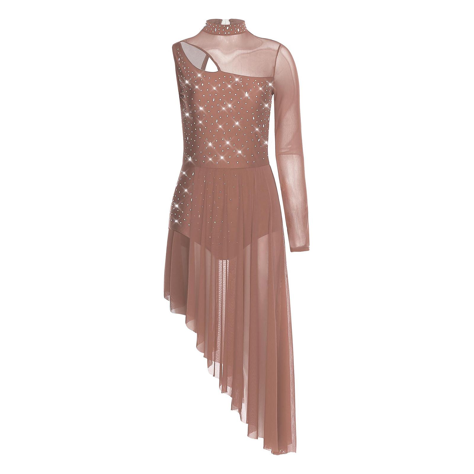 

Womens Asymmetrical Lyrical Dance Dress Mock Neck Cutout Sheer Mesh Shiny Rhinestones Performance Costume S коричневий