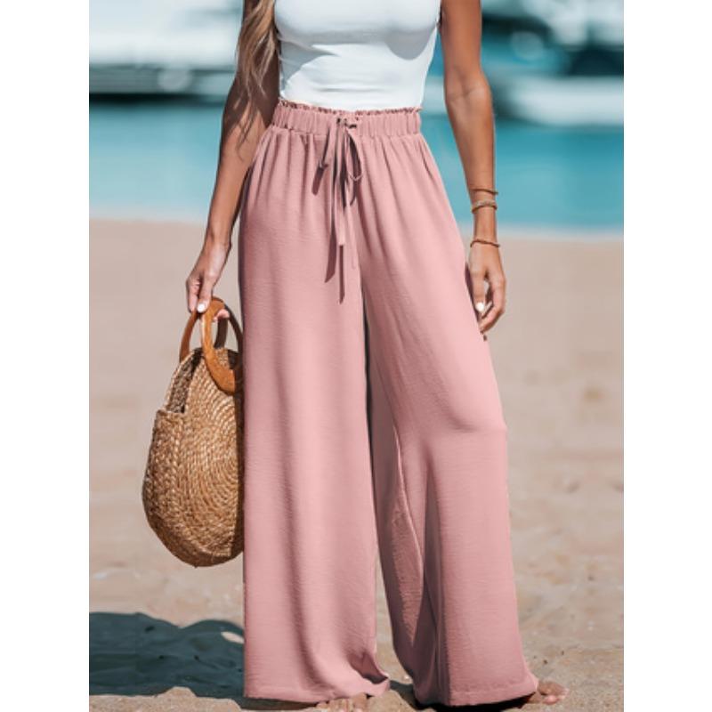 Women's Casual Wide Leg Pants - All Season Comfort Pockets Elastic Waist Loose Fit Solid Color Pants Suitable for Outdoor and Le